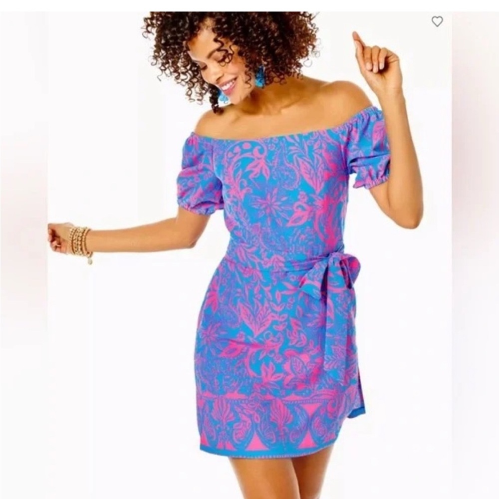 Lilly Pulitzer Blue and Pink Off-Shoulder Mini Dress